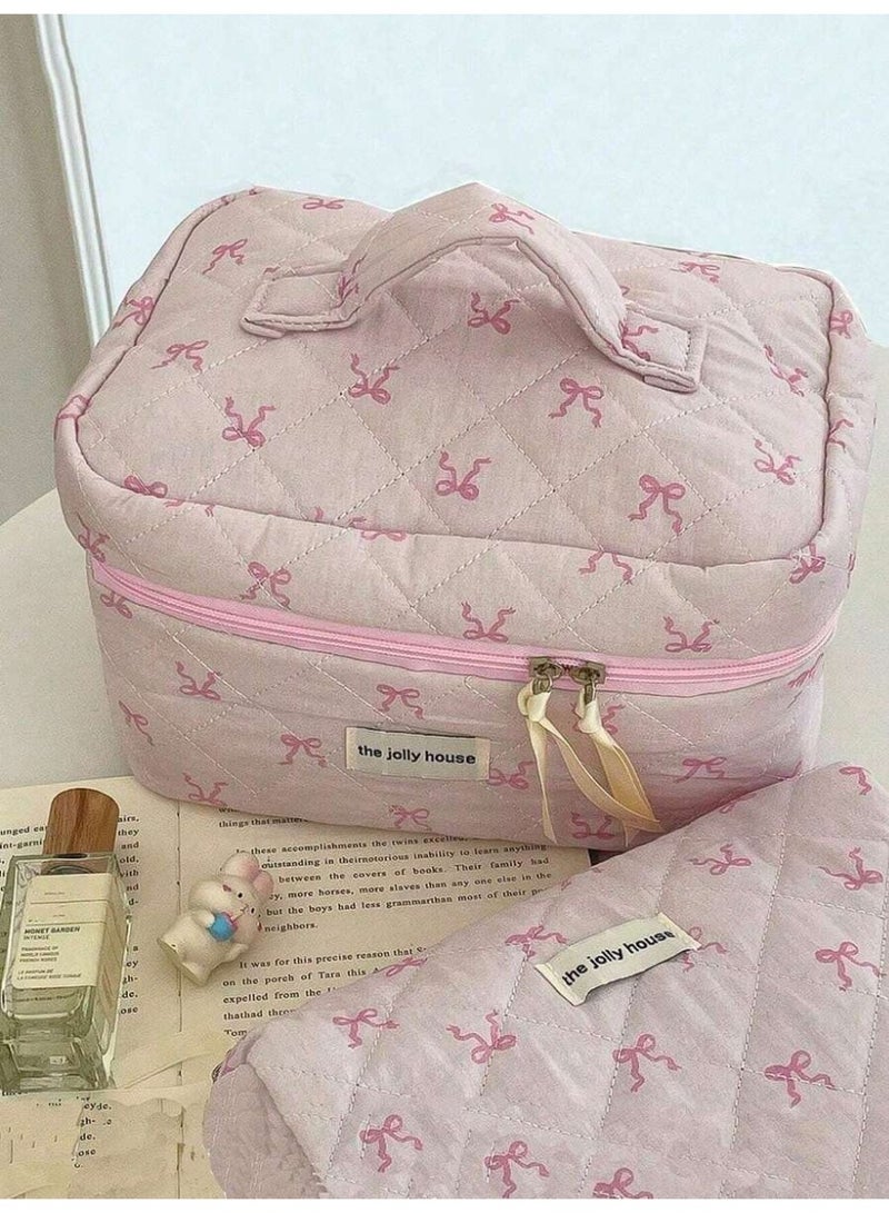 حقيبة مكياج مبطّنة بطبعة فيونكة وردية – منظم مستحضرات تجميل بسعة كبيرة وسحاب – حقيبة تجميل أنيقة للسفر والمنزل